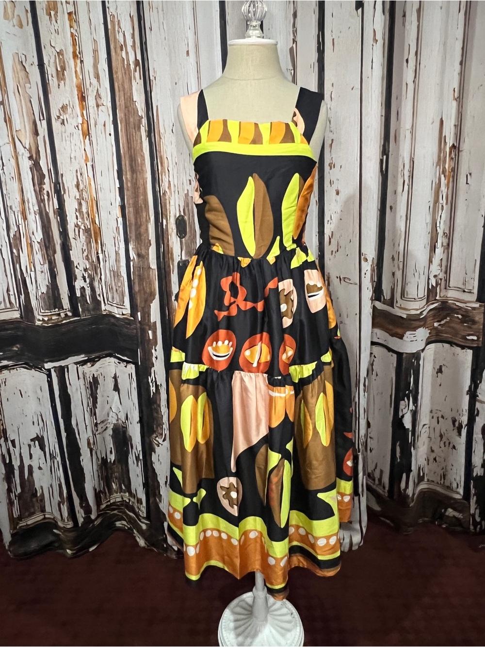 entro Black Midi Dress with Neon Green and Mustard Print